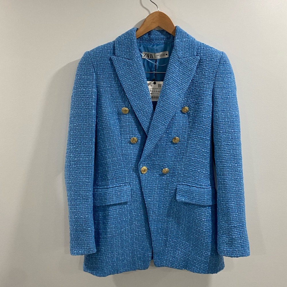 NWT Zara Women Turquoise Double Breasted Tweed Texture Blazer